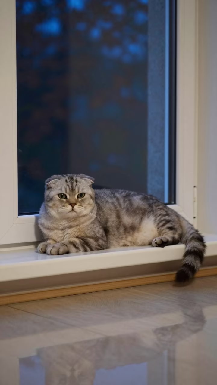 Scottish Fold Cat on Window Seat Midnight Light in on a window seat in a quiet apartment with soft side light near Lviv