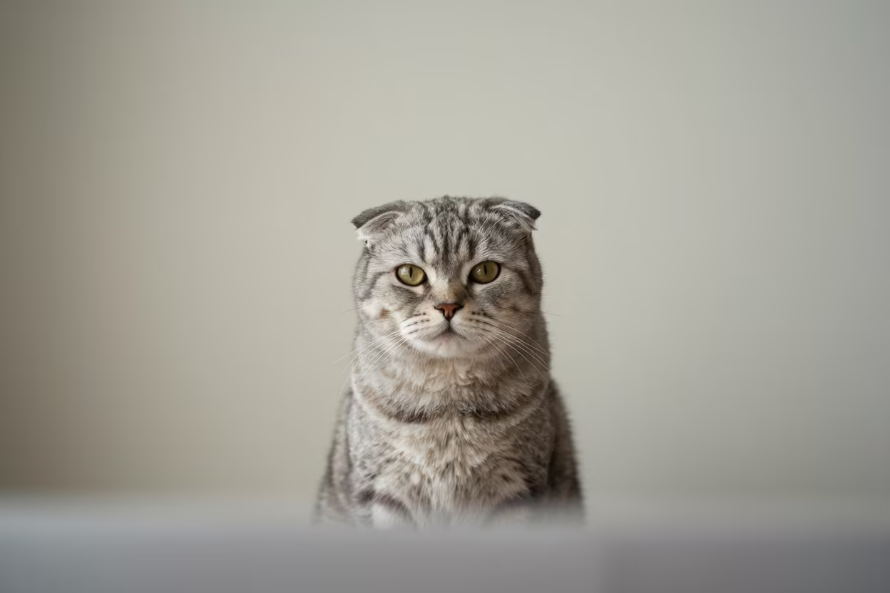 Scottish Fold Cat Portrait Beside Plaster Wall in beside a plain plaster wall in soft indoor light with the animal centered in frame near Victoria Seychelles