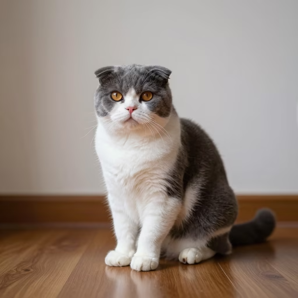 Scottish Fold Cat Portrait in Catia La Mar Light in beside a plain plaster wall in soft indoor light with the animal centered in frame in Catia La Mar