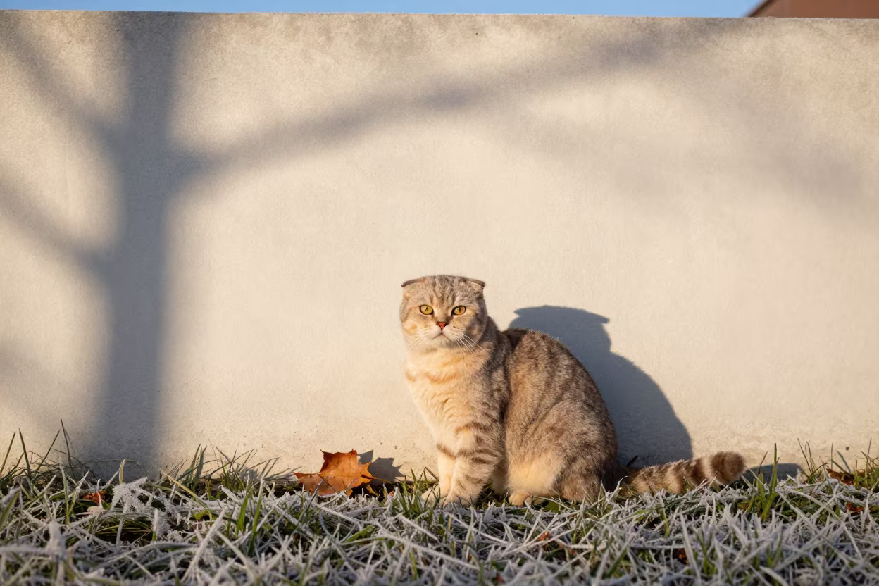 Scottish Fold Cat Portrait in Dallas Courtyard in beside a plain courtyard wall in clear daylight with the animal at eye level in Dallas