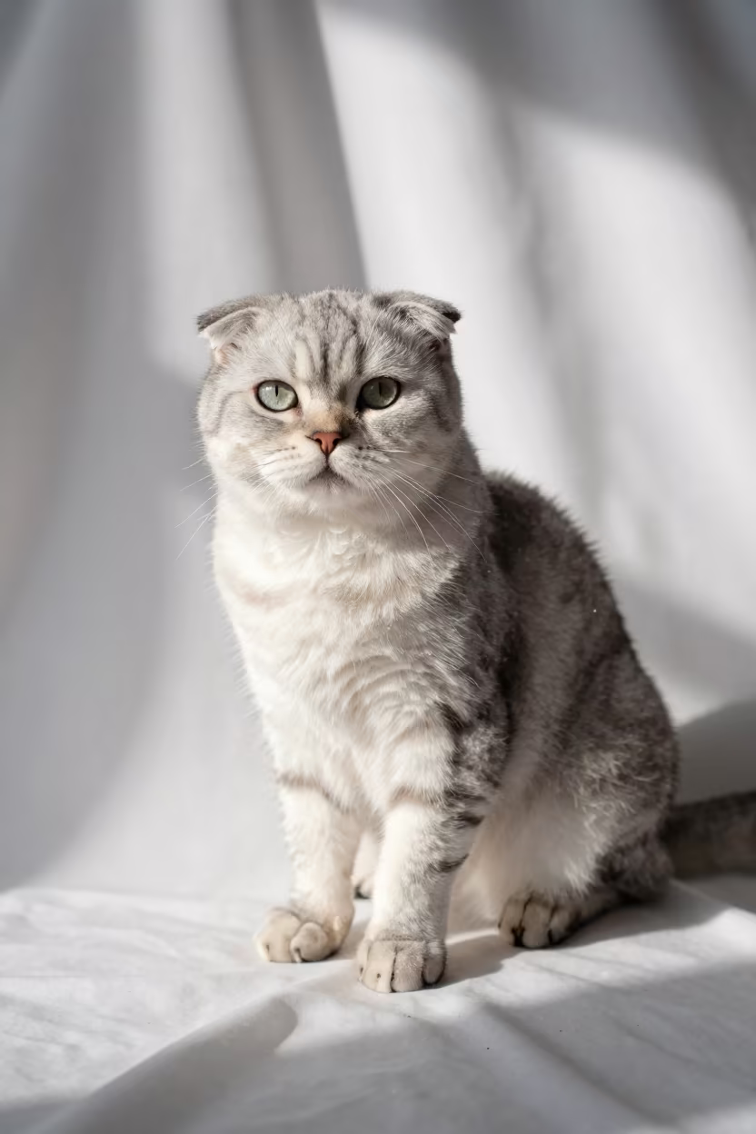 Scottish Fold Cat Portrait in Istanbul Studio in in a quiet portrait studio with a plain backdrop and eye-level framing in Istanbul