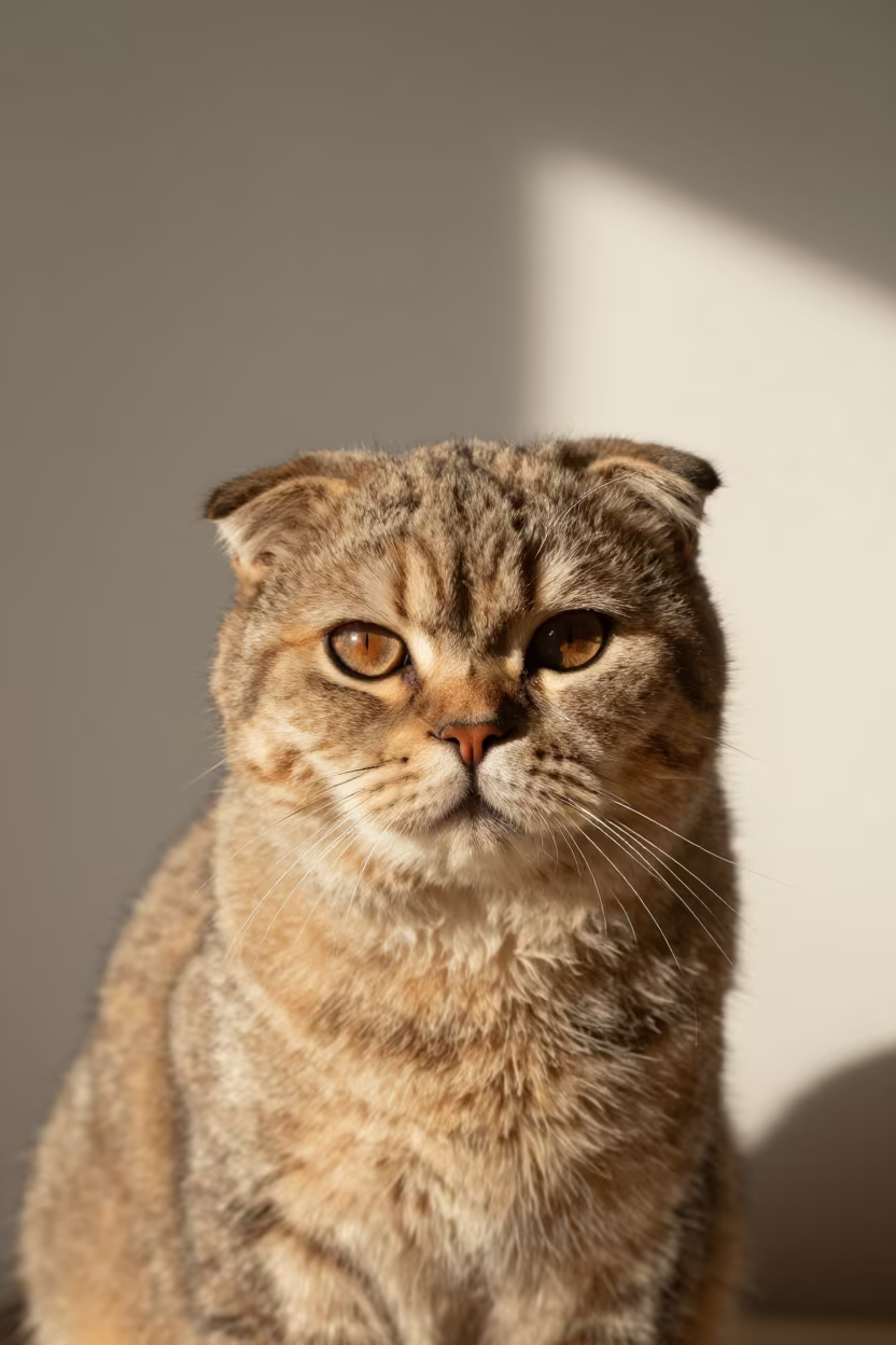 Scottish Fold Cat Portrait in Studio in in a quiet portrait studio with a plain backdrop and eye-level framing in Osmaniye