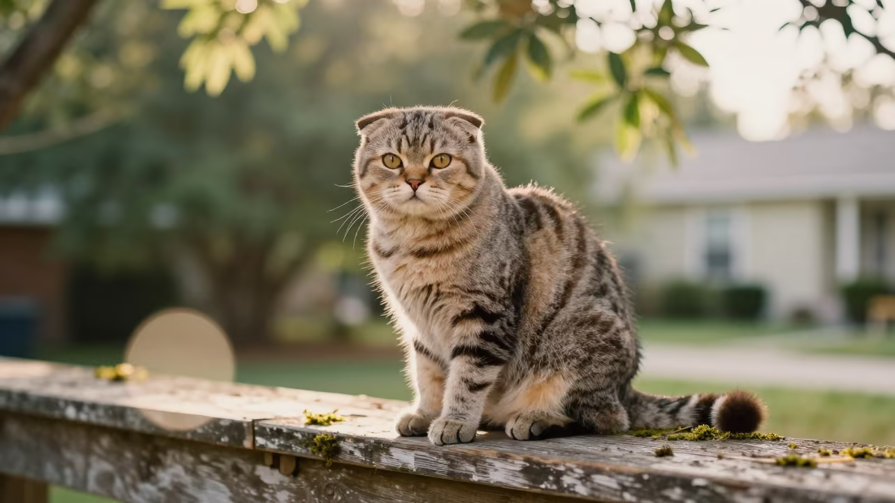 Scottish Fold Cat Portrait in Tampa Garden Light in near a garden edge with soft morning light and an uncluttered background near Tampa
