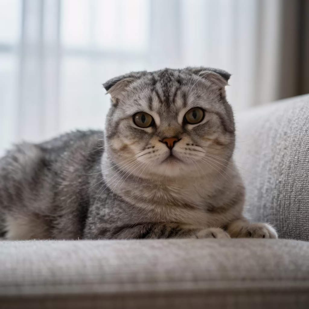 Scottish Fold Cat Portrait Near Curtained Window in on a sofa near a curtained window with calm indoor light near Owerri