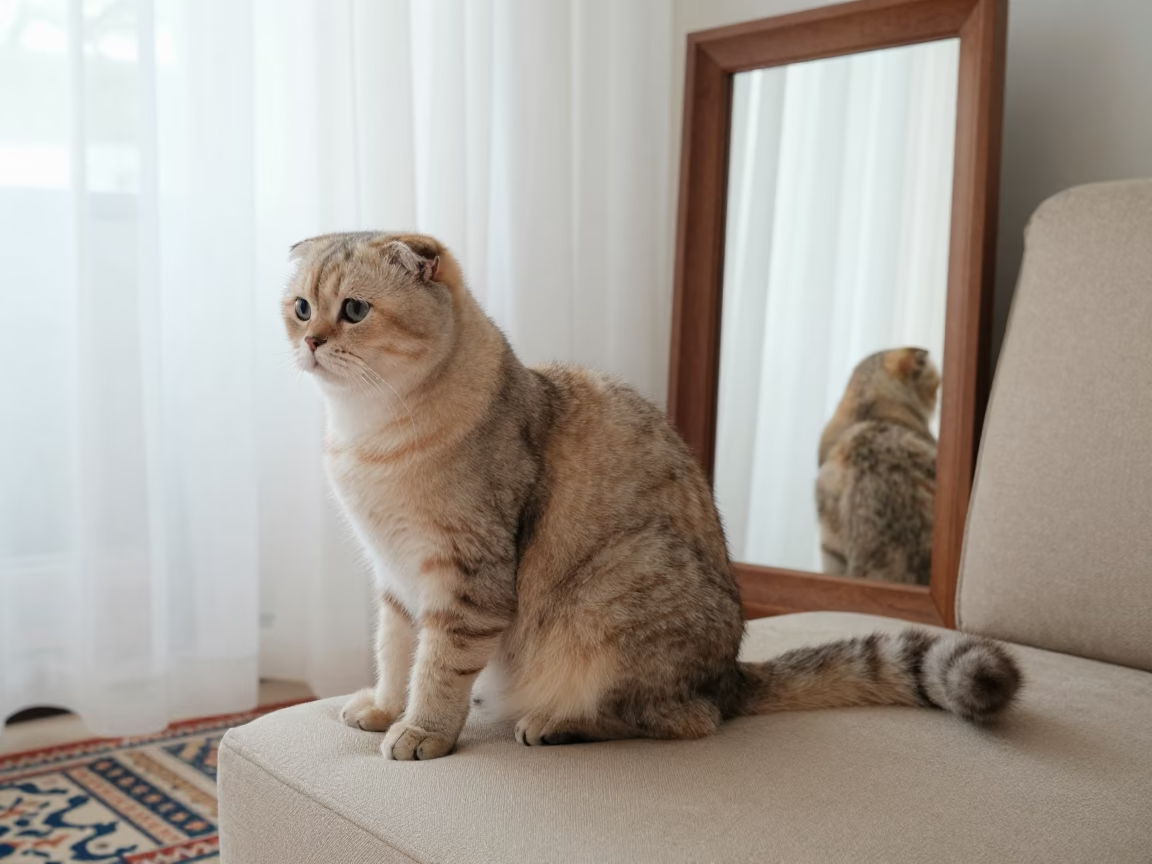 Scottish Fold Cat Portrait on Sofa Near Window in on a sofa near a curtained window with calm indoor light in Jalalabad