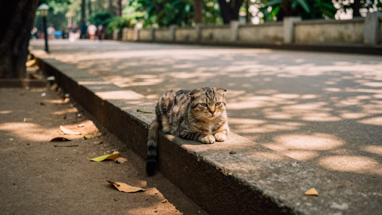 Scottish Fold Cat Resting on Garden Path Edge in along a quiet park path with soft open shade and a clean background near Kolkata