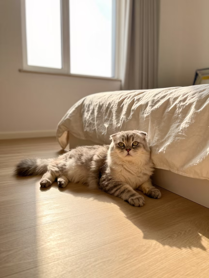 Scottish Fold Longhair Cat at Sunset Window in on a bedspread near a bright window with calm indoor light in Bucaramanga