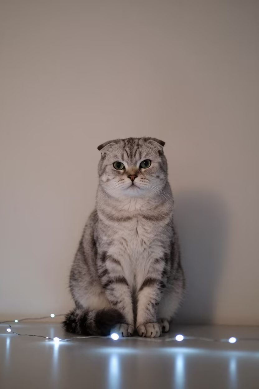 Scottish Fold Longhair Cat Evening Portrait in beside a plain plaster wall in soft indoor light with the animal centered in frame in Adelaide