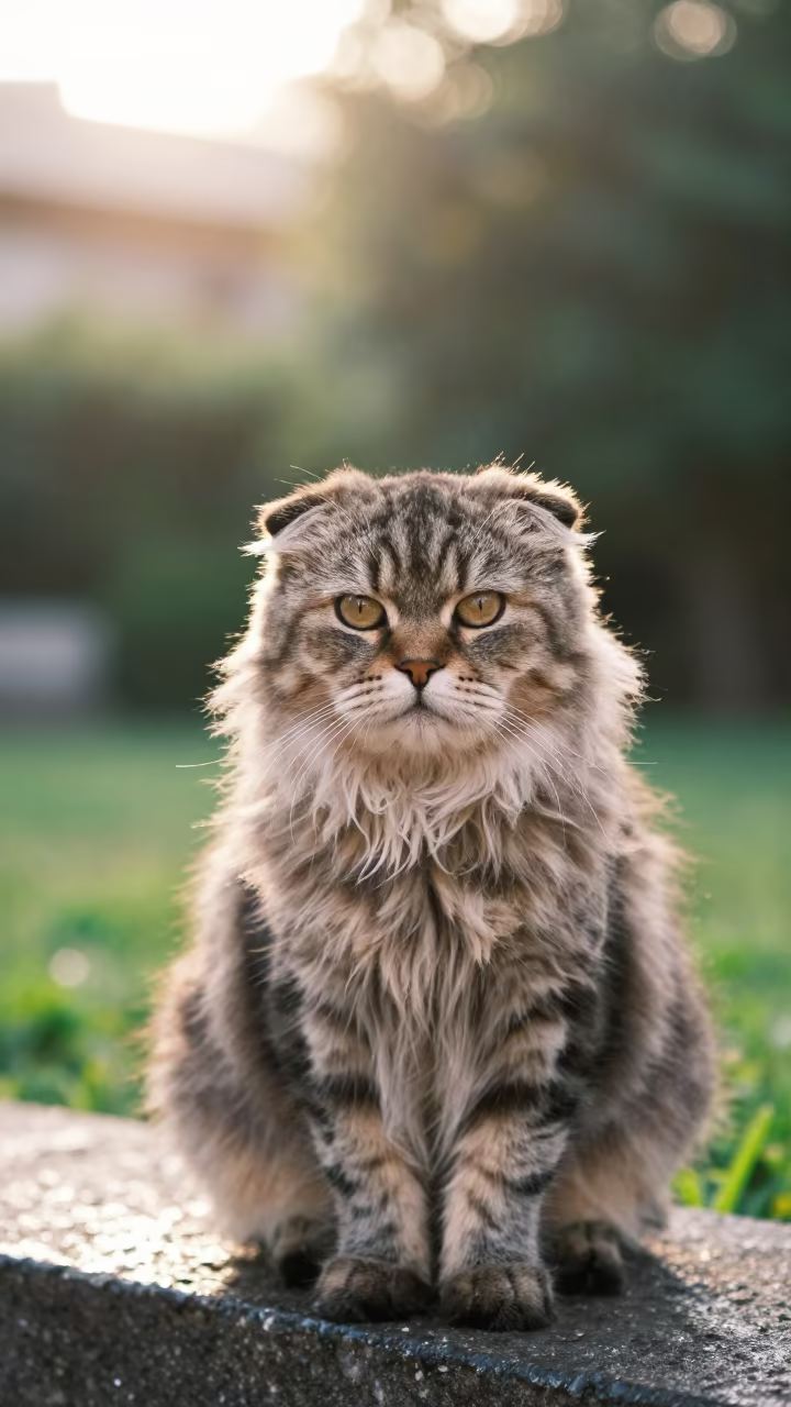 Scottish Fold Longhair Cat in Coastal Afternoon Light in near a garden edge with soft morning light and an uncluttered background near Mexico City