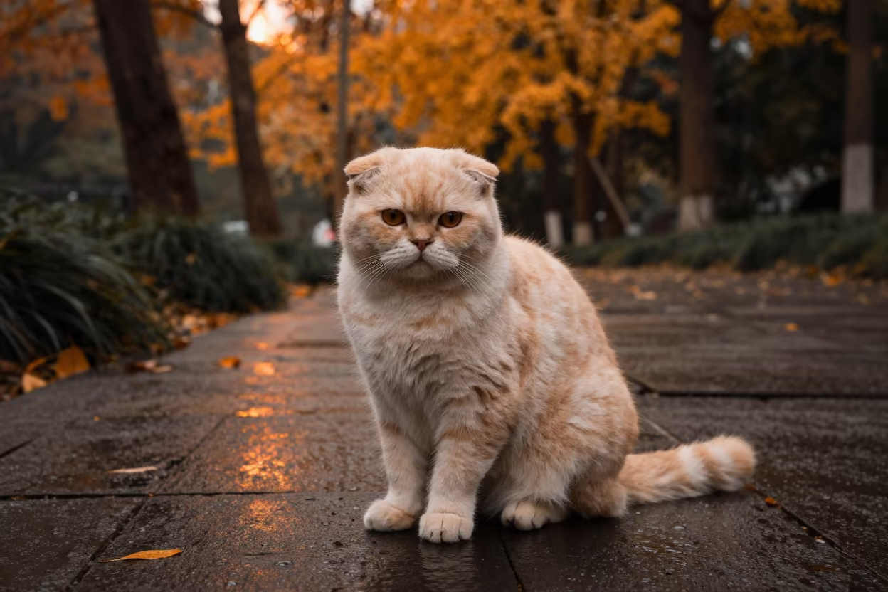 Scottish Fold Longhair Cat in Park in along a quiet park path with soft open shade and a clean background in Chengdu