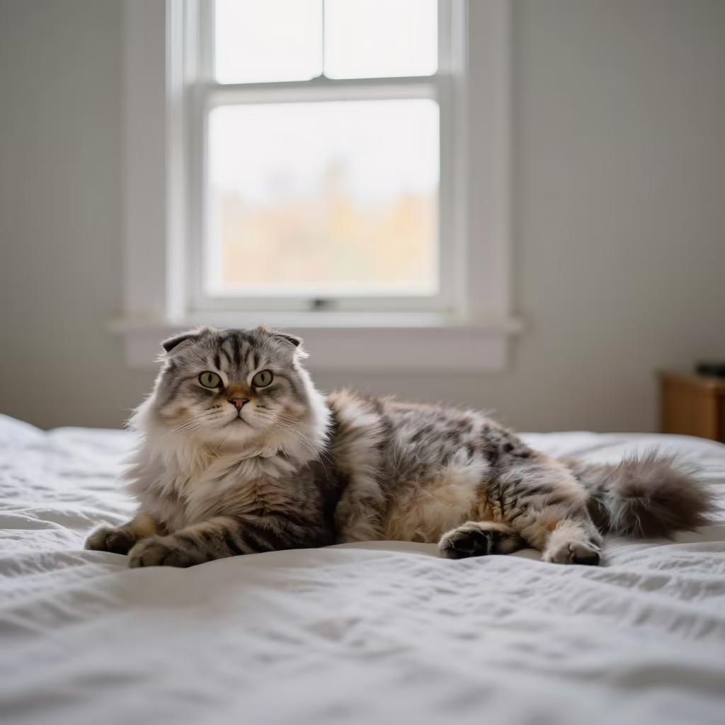 Scottish Fold Longhair Cat Lounging on Bedspread in on a bedspread near a bright window with calm indoor light near Perth