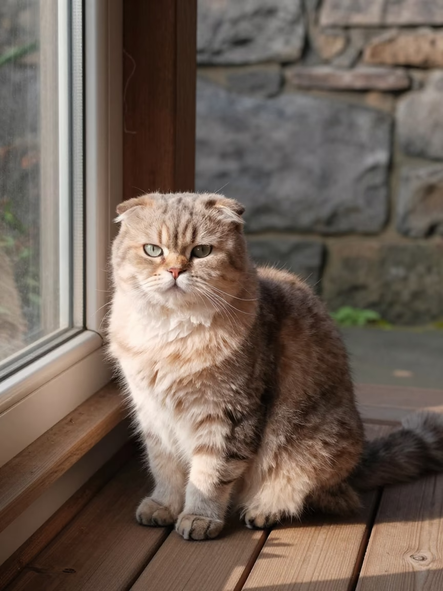 Scottish Fold Longhair Cat on Belfast Porch in near a garden edge with soft morning light and an uncluttered background near Belfast
