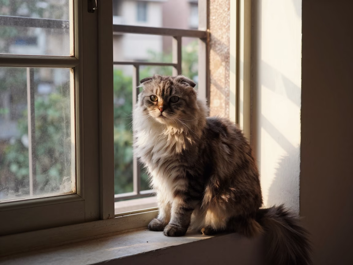 Scottish Fold Longhair Cat on Kolkata Window Seat in on a window seat in a quiet apartment with soft side light in College Street, Kolkata