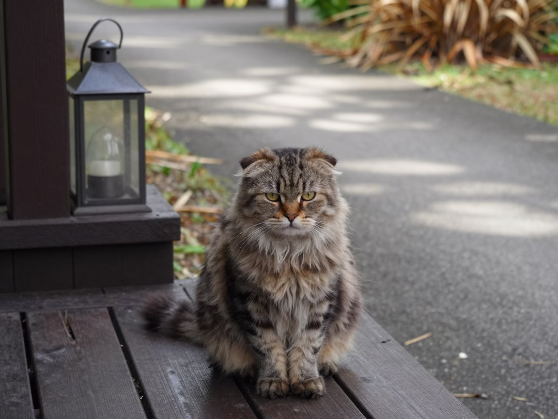 Scottish Fold Longhair Cat on Shaded Park Porch in along a quiet park path with soft open shade and a clean background near Victoria Seychelles