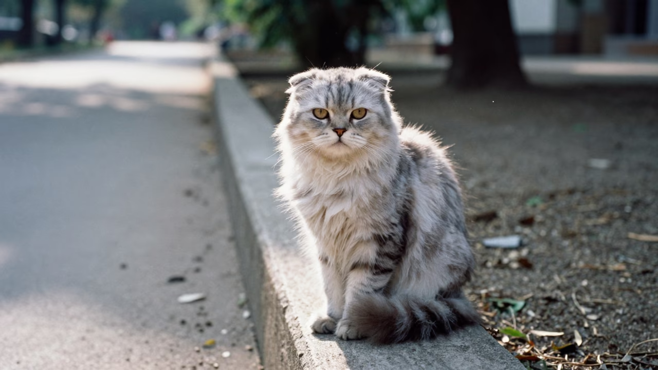 Scottish Fold Longhair Cat Portrait on Park Path in along a quiet park path with soft open shade and a clean background near Jaranwala