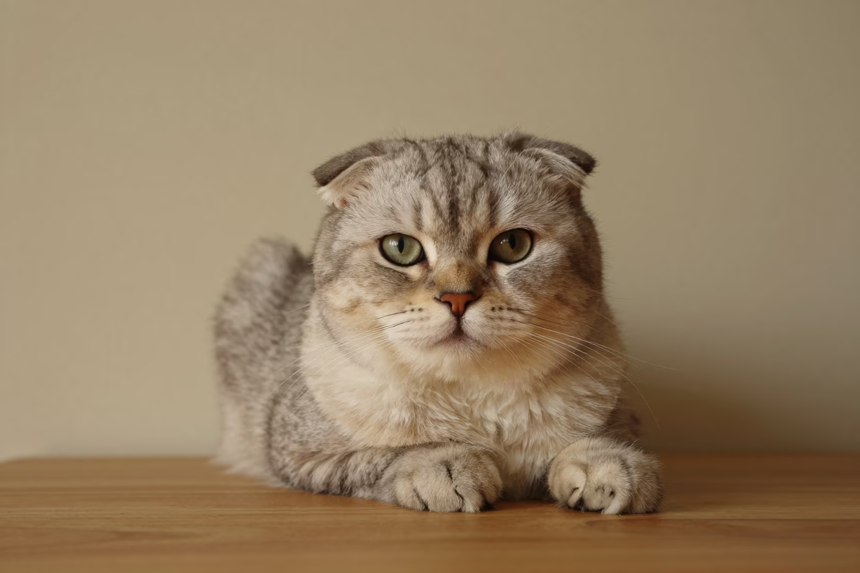 Scottish Fold Longhair Cat Portrait Soft Light in beside a plain plaster wall in soft indoor light with the animal centered in frame near Sousse