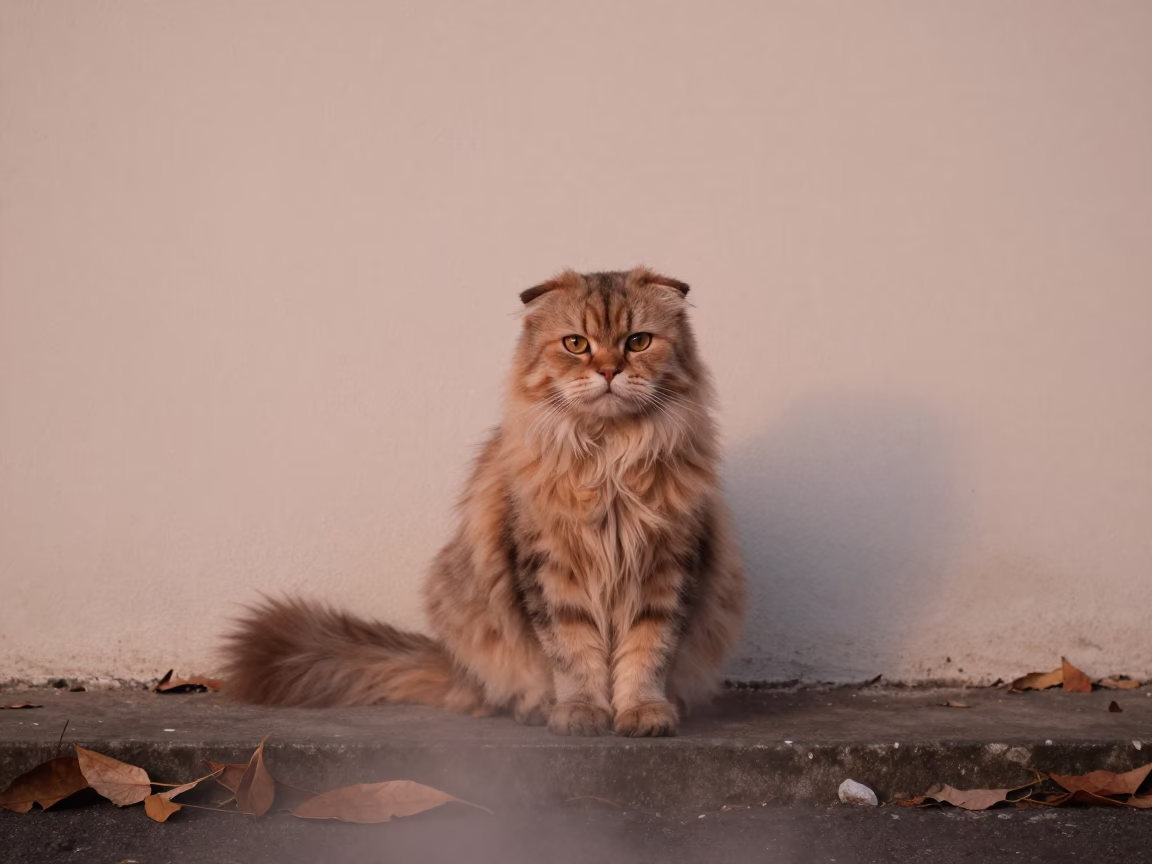 Scottish Fold Longhair Portrait in Gonaïves Courtyard in beside a plain courtyard wall in clear daylight with the animal at eye level in Gonaïves
