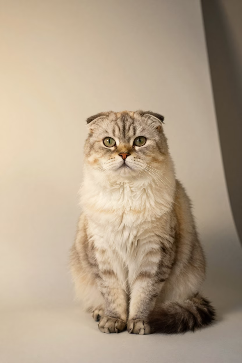 Scottish Fold Longhair Portrait in Linz Studio in in a quiet portrait studio with a plain backdrop and eye-level framing in Linz