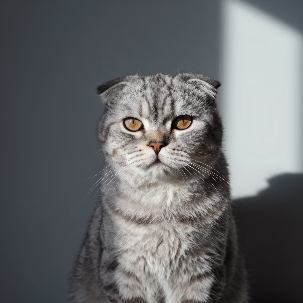 Scottish Fold Longhair Portrait Studio Light in in a quiet portrait studio with a plain backdrop and eye-level framing in Menouf