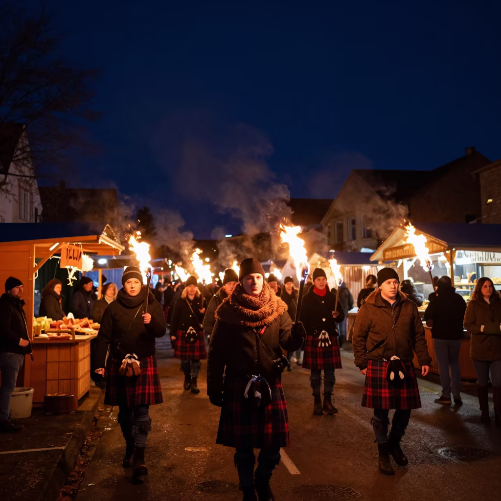 Scottish Hogmanay Fire Parade at Algiers Night Market in at a night market in Algiers