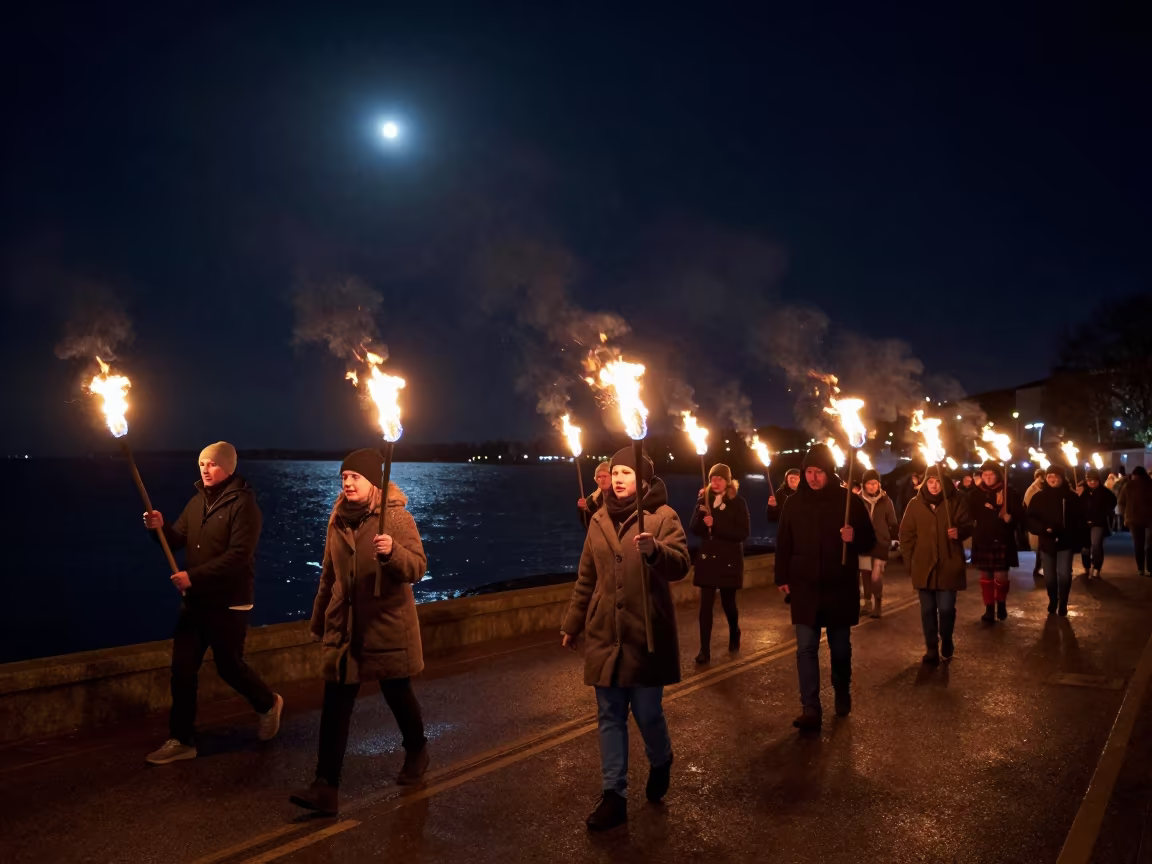 Scottish Hogmanay Fire Parade at Vinh Waterfront in at a waterfront celebration in Vinh