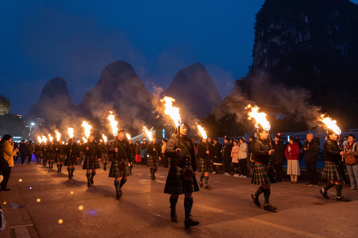 Scottish Hogmanay Fire Parade in Yangshuo Night in at a festival street procession in Yangshuo