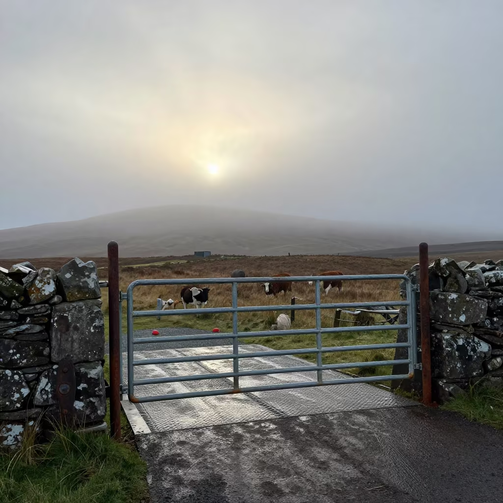 Scottish Lamb Creep Feeder Gate at Dawn in at a stockyard loading ramp in the Scottish Highlands