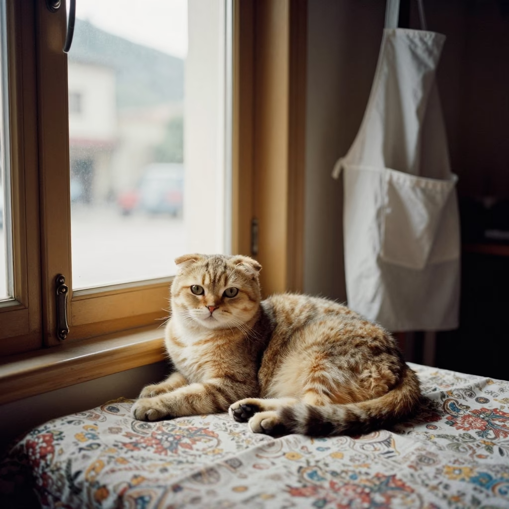 Scottish Straight Cat Lounging by Window in Afghanistan in on a bedspread near a bright window with calm indoor light near Pul-e Khomri