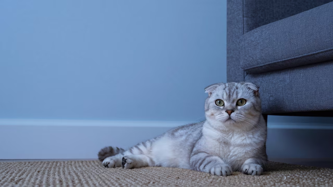Scottish Straight Cat Lounging on Rug in on a woven rug beside a low couch and an uncluttered wall near Victoria