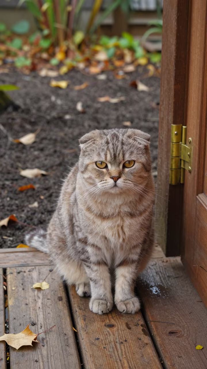 Scottish Straight Cat on Eskişehir Porch in near a garden edge with soft morning light and an uncluttered background in Eskişehir