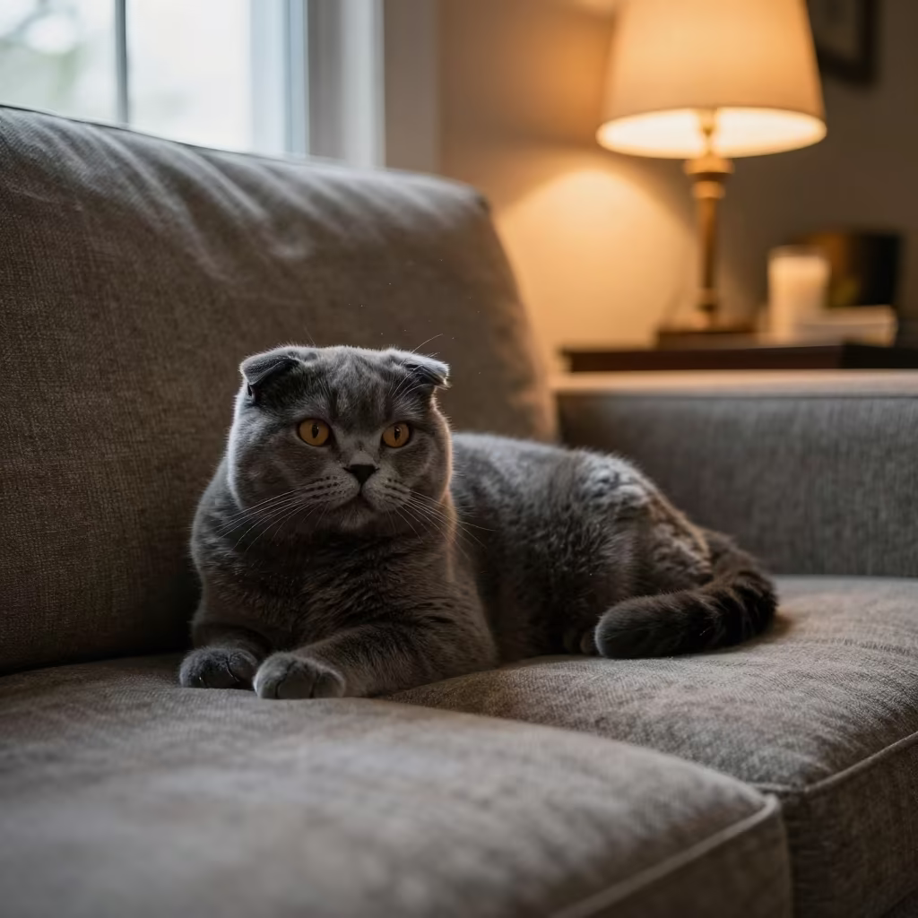 Scottish Straight Cat on Linen Sofa in Nigerian Home in on a linen sofa with daylight from a nearby window in Ogbomosho