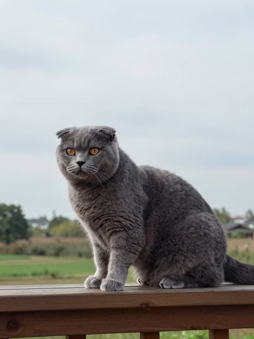 Scottish Straight Cat on Monrovia Porch in near a garden edge with soft morning light and an uncluttered background near Monrovia