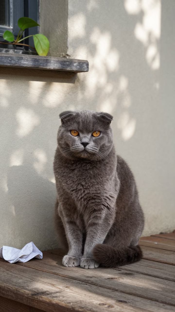 Scottish Straight Cat on Shaded Courtyard Porch in beside a plain courtyard wall in clear daylight with the animal at eye level near Adama