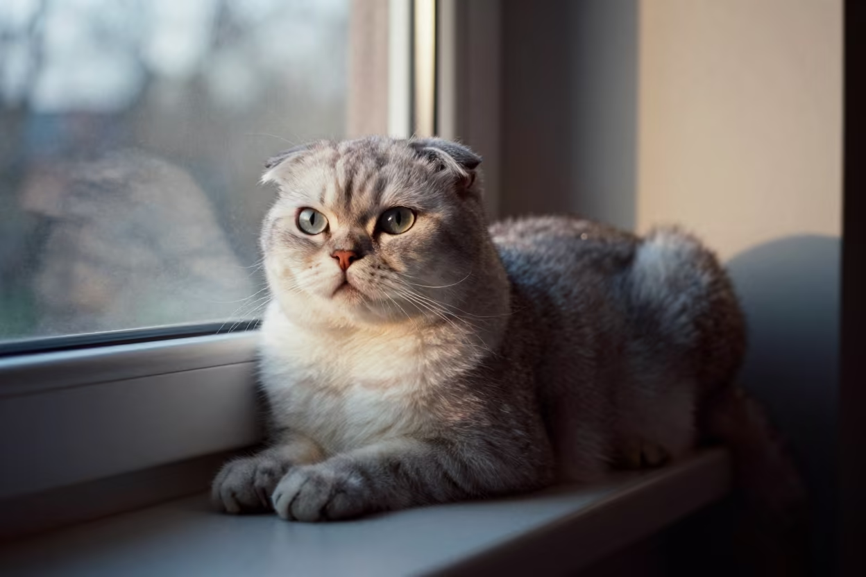 Scottish Straight Cat on Window Seat Pre-Dawn in on a window seat in a quiet apartment with soft side light near Swansea