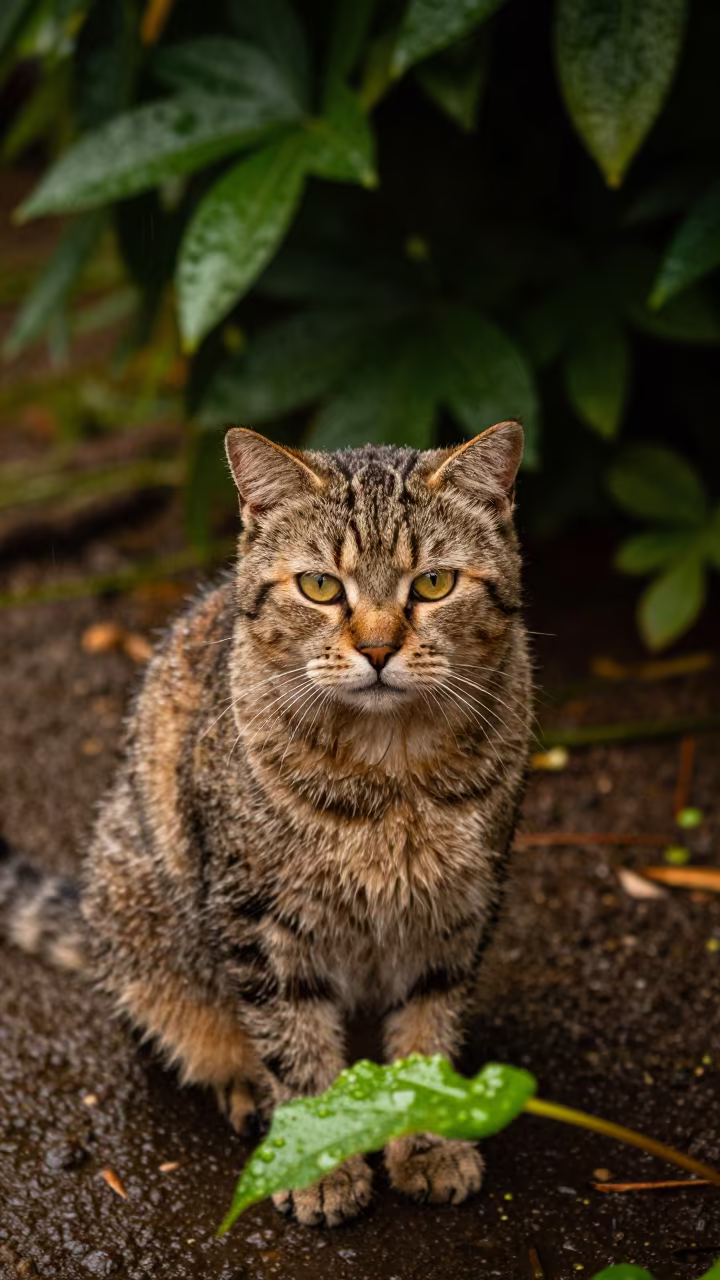 Scottish Straight Cat Portrait in Queretaro Garden in near a garden edge with soft morning light and an uncluttered background in Queretaro