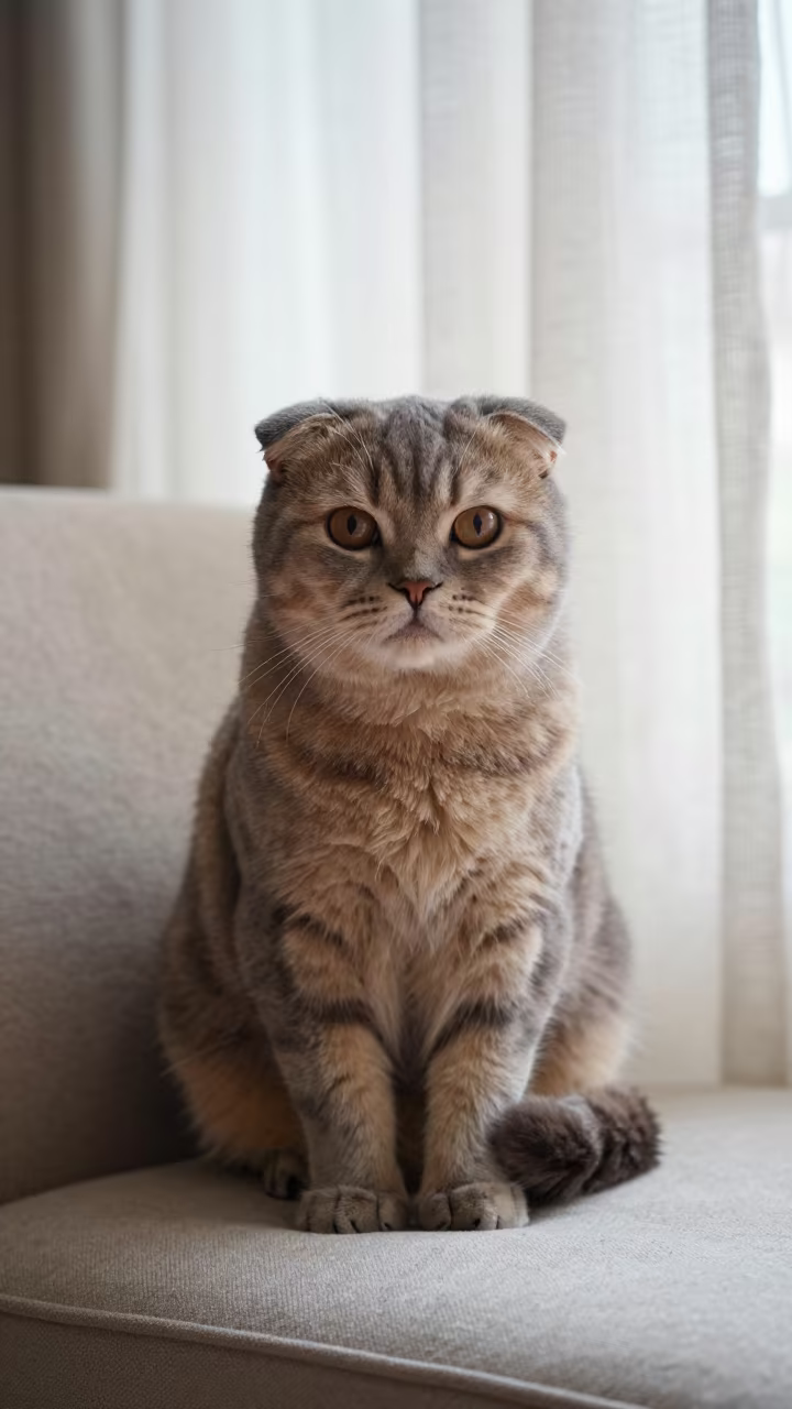 Scottish Straight Cat Portrait in Rohtak Living Room in on a sofa near a curtained window with calm indoor light in Rohtak