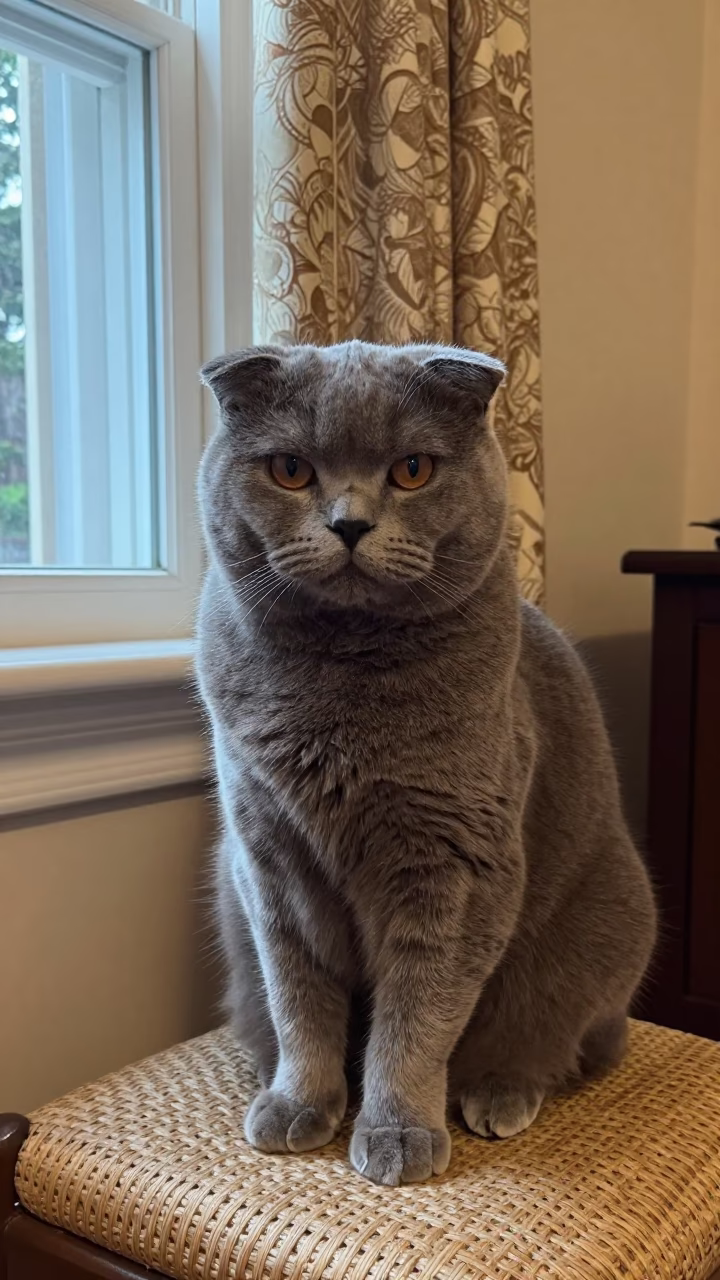 Scottish Straight Cat Portrait on Sofa Near Kumasi Window in on a sofa near a curtained window with calm indoor light near Kumasi