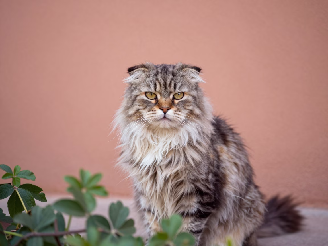 Scottish Straight Longhair Cat in Marrakesh Garden in near a garden edge with soft morning light and an uncluttered background in Marrakesh