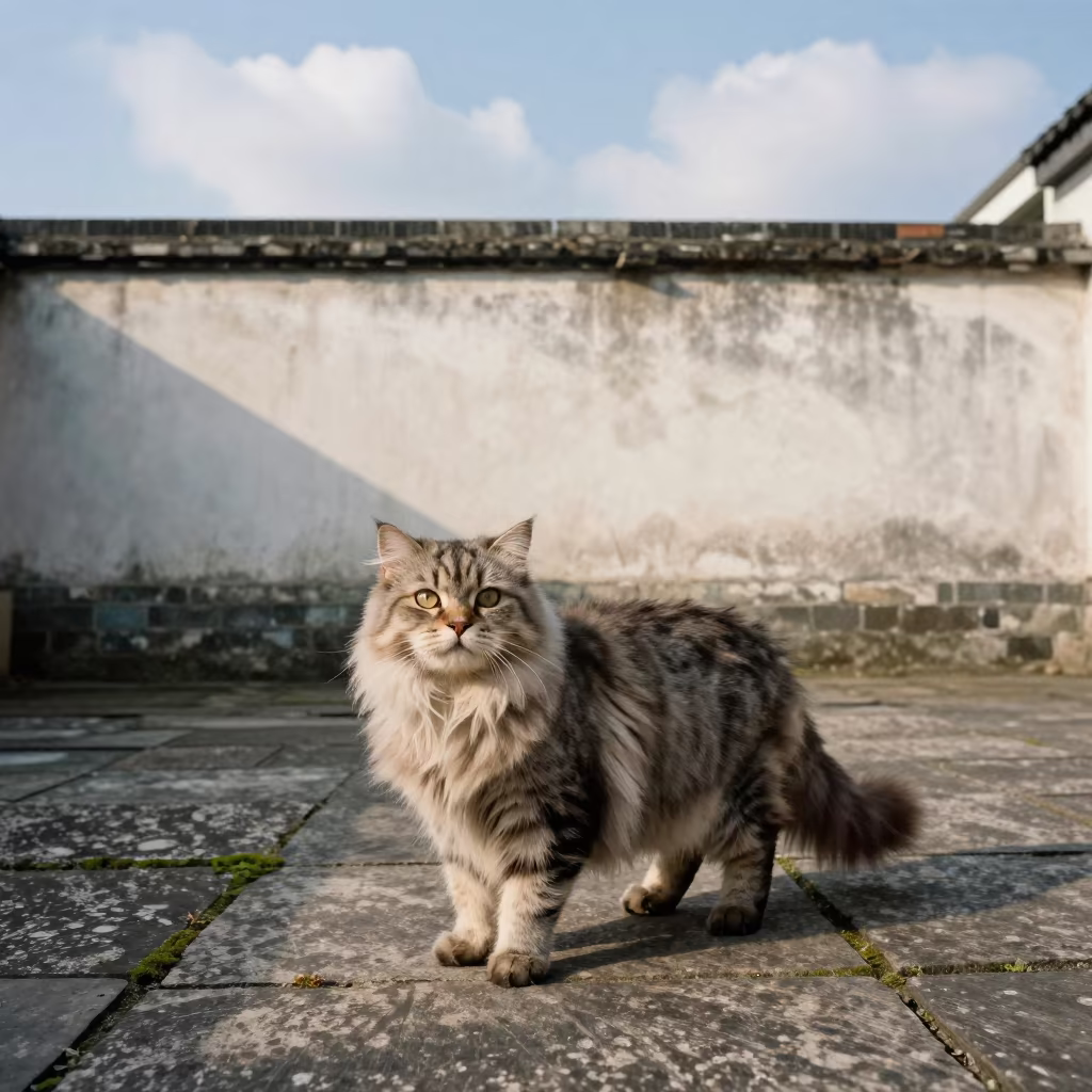 Scottish Straight Longhair Cat in Nanjing Courtyard in beside a plain courtyard wall in clear daylight with the animal at eye level in Nanjing
