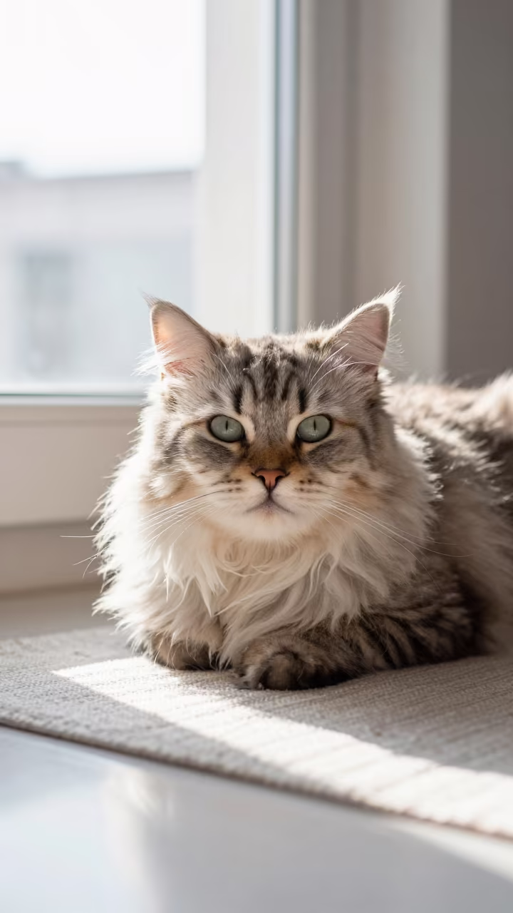 Scottish Straight Longhair Cat Lounging on Bedspread in on a bedspread near a bright window with calm indoor light in Izmir