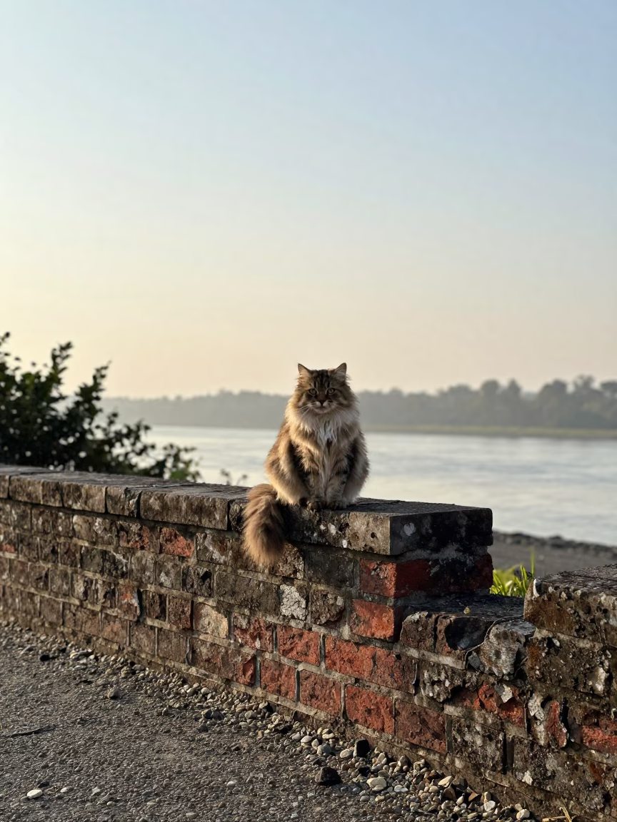Scottish Straight Longhair Cat on Garden Wall Morning Light in near a garden edge with soft morning light and an uncluttered background in Astoria, New York
