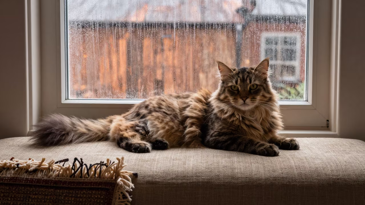 Scottish Straight Longhair Cat on Linen Sofa in on a linen sofa with daylight from a nearby window in Owerri