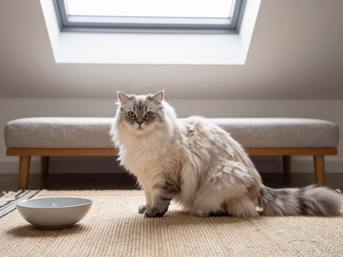 Scottish Straight Longhair Cat on Rug in Jamnagar in on a woven rug beside a low couch and an uncluttered wall in Jamnagar