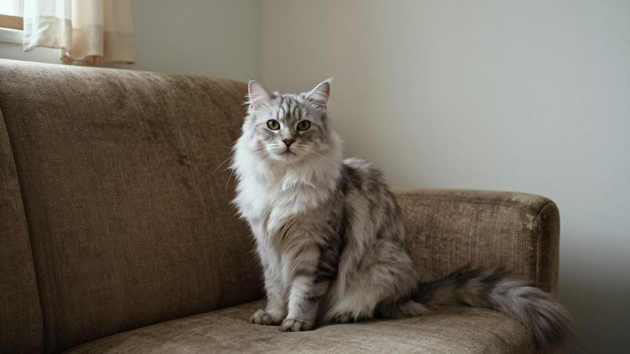 Scottish Straight Longhair Cat on Sofa in El Alto Home in on a sofa near a curtained window with calm indoor light in El Alto