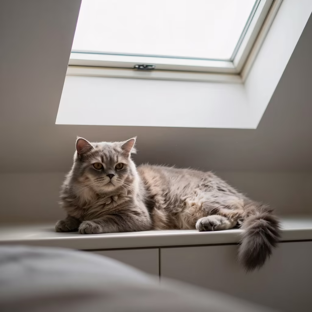 Scottish Straight Longhair Cat on Window Seat in on a window seat in a quiet apartment with soft side light in Tongatapu