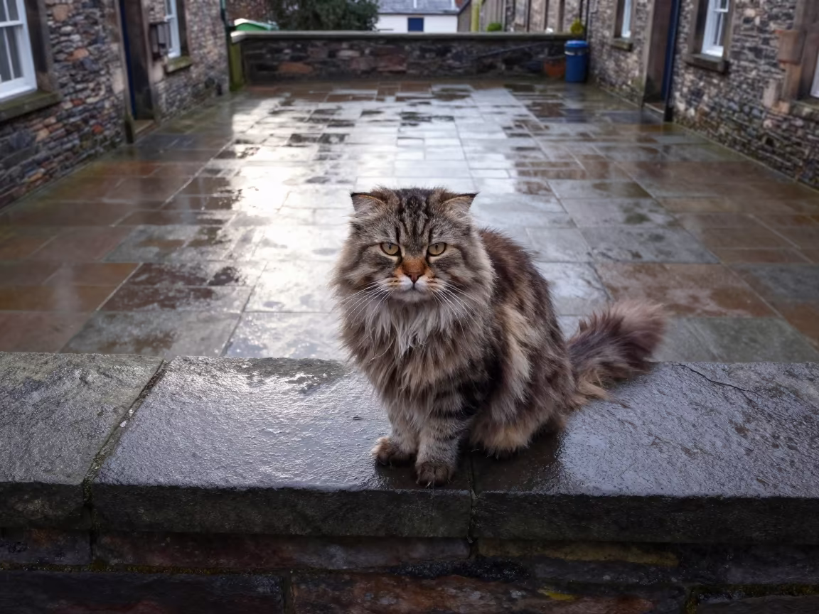 Scottish Straight Longhair Cat on Winter Courtyard Wall in beside a plain courtyard wall in clear daylight with the animal at eye level in Hamilton