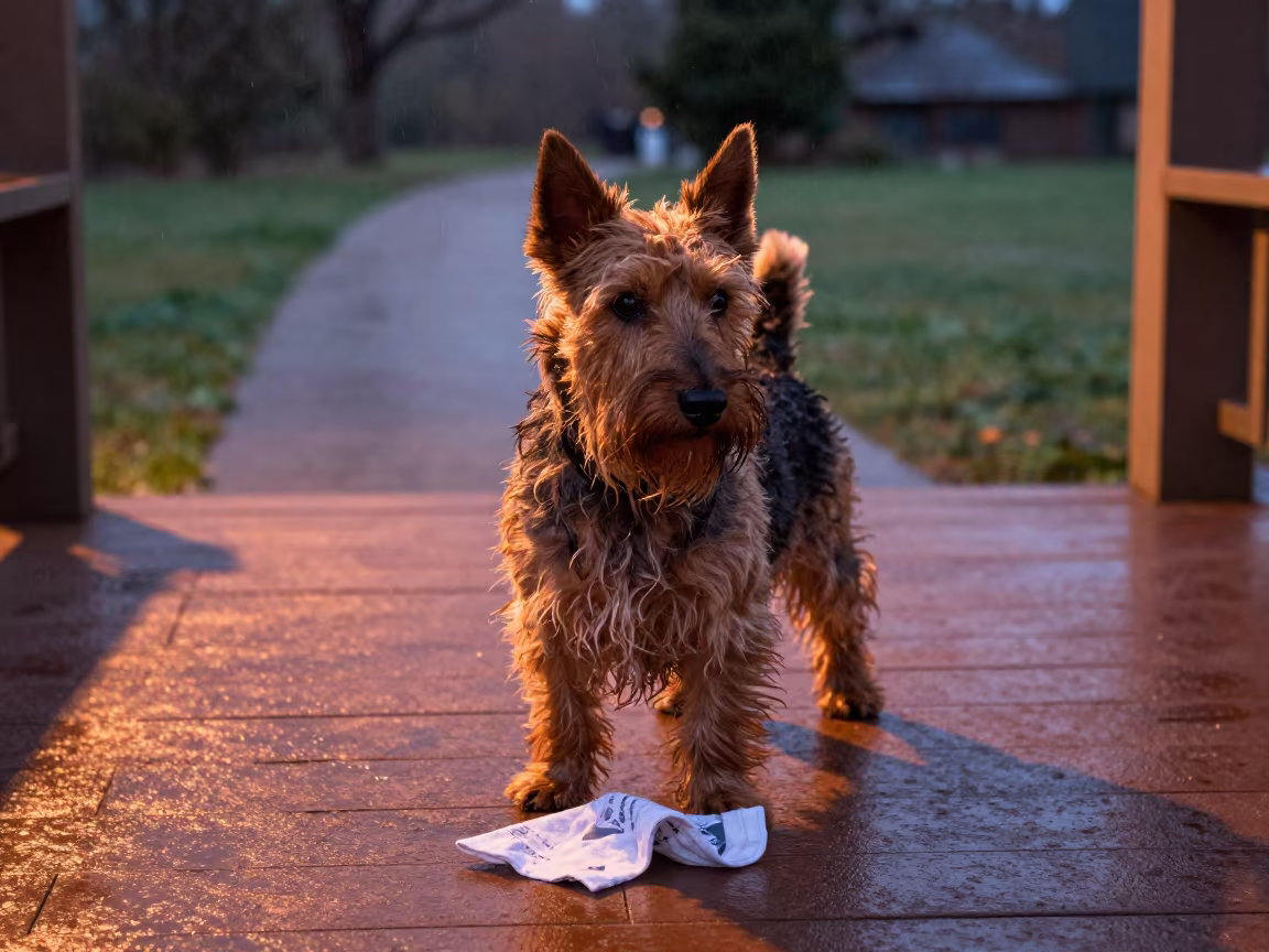 Scottish Terrier on Nassau Porch in Winter Drizzle in along a quiet park path with soft open shade and a clean background in Nassau