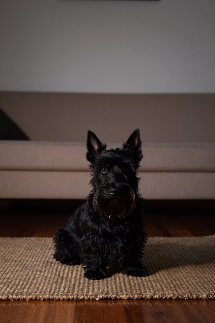 Scottish Terrier on Rug by String Lights in on a woven rug beside a low couch and an uncluttered wall in Nizamuddin, Delhi
