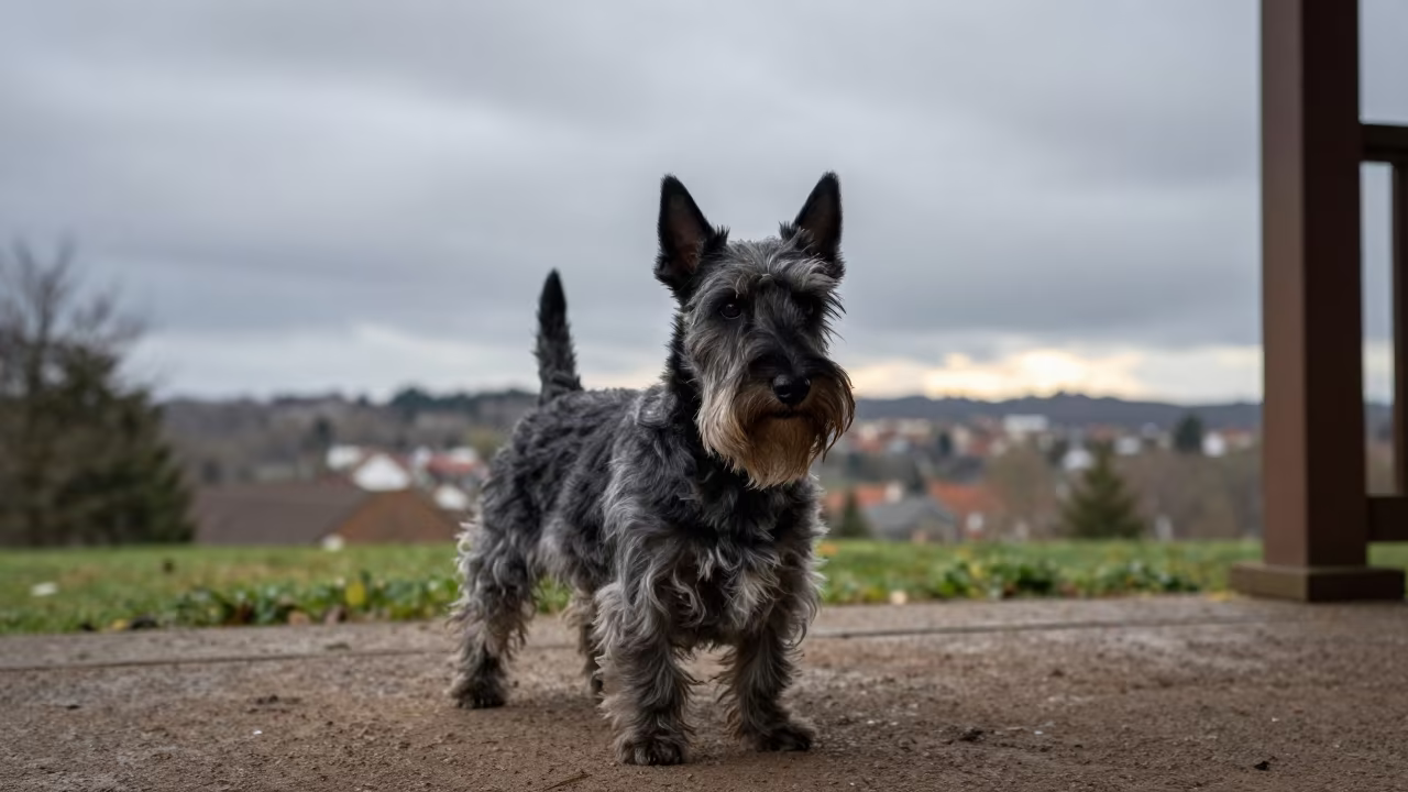 Scottish Terrier on Shaded Colombo Porch in near a garden edge with soft morning light and an uncluttered background in Colombo