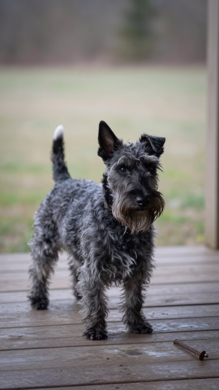 Scottish Terrier on Shaded Porch Barakaldo in near a garden edge with soft morning light and an uncluttered background in Barakaldo